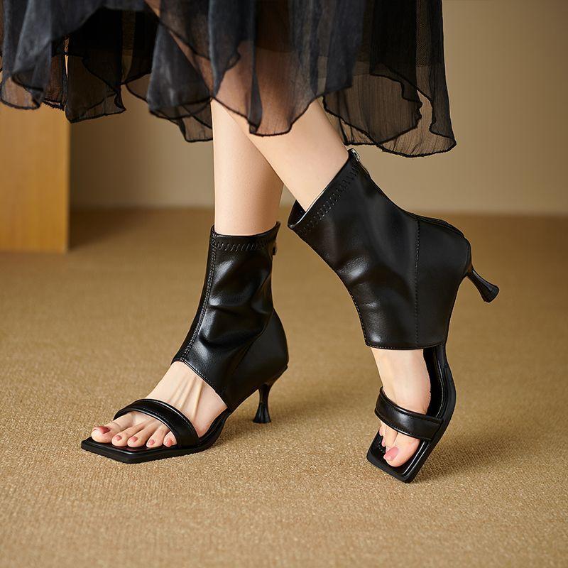 Модное дизайнерское чувство полые с открытым носком крутые ботинки женские 2025 лето на высоком каблуке эластичные короткие ботинки на тонком каблуке сандалии на одной перемычке