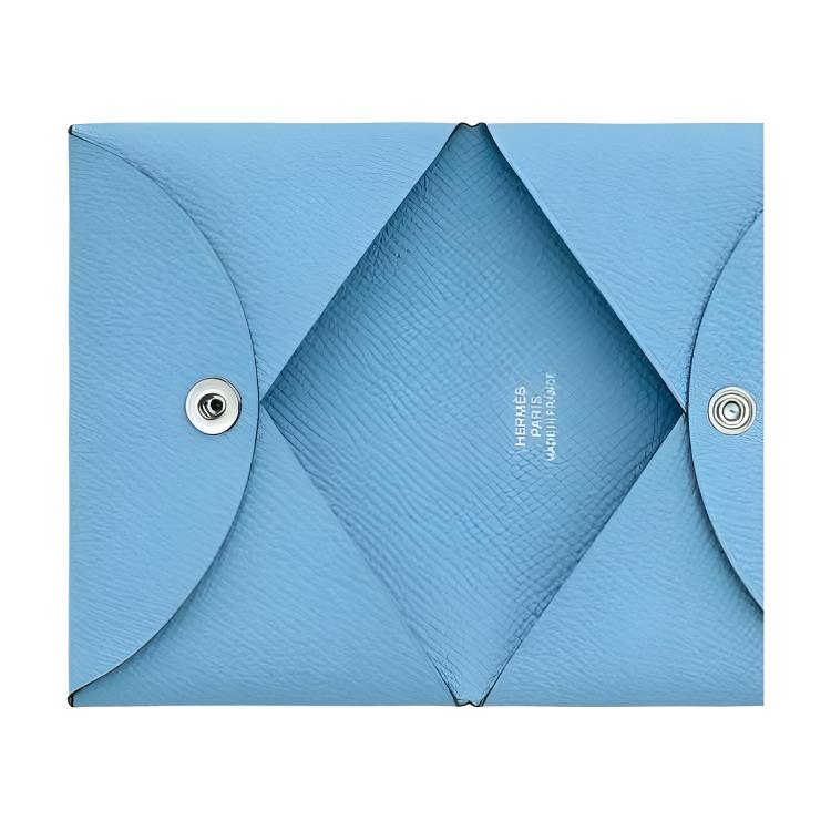 Hermes Calvi Solid Color Silver Buckle Epsom Leather Wallet Women wallet Celeste H044164CK7N