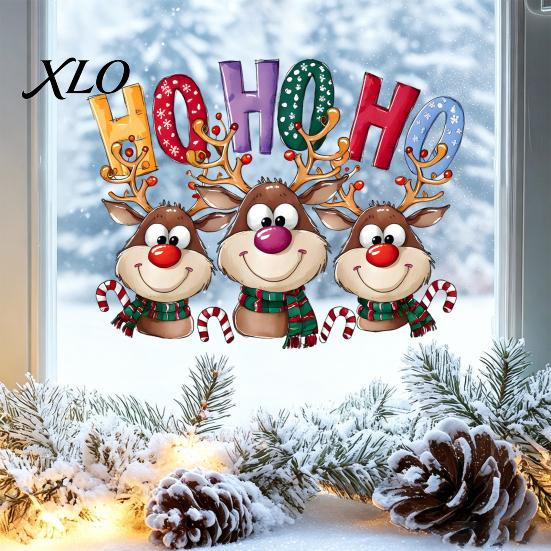 Static Glass Decals Christmas Cling Window Stickers, Cartoon Reindeer HOHOHO Art Decals, Reusable Film Festive Holiday Decor for Home Windows Balcony