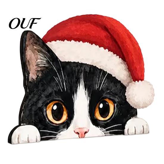 Cute Cat Present Shelf Sitter, Wooden Christmas Hat Peeking Desk Figurine, Funny Animal Scene Accessories Sign, Lover Gift for Holiday Home