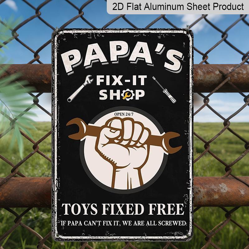2D Flat, 1pc "Papa's Fix-It Shop" Aluminium Metal Wall Decor Sign - 8"x12" Vintage Garage Decor, Wrench & Tools Accent Wall Art, Perfect Father's Day