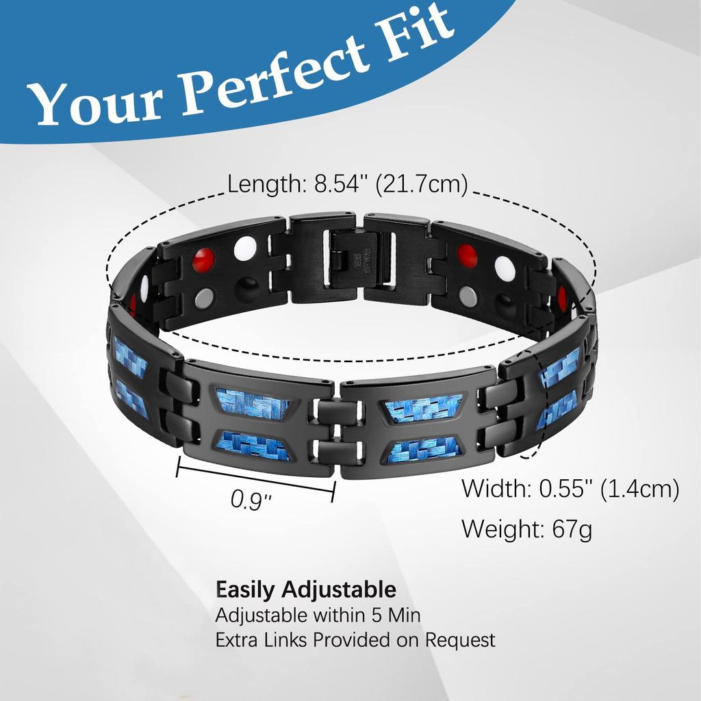 Magnetic Therapy Bracelets for Men Unique Blue Carbon Fiber Titanium Steel Materials Magnetic Bracelet for Men Black with 4 Element Magnets