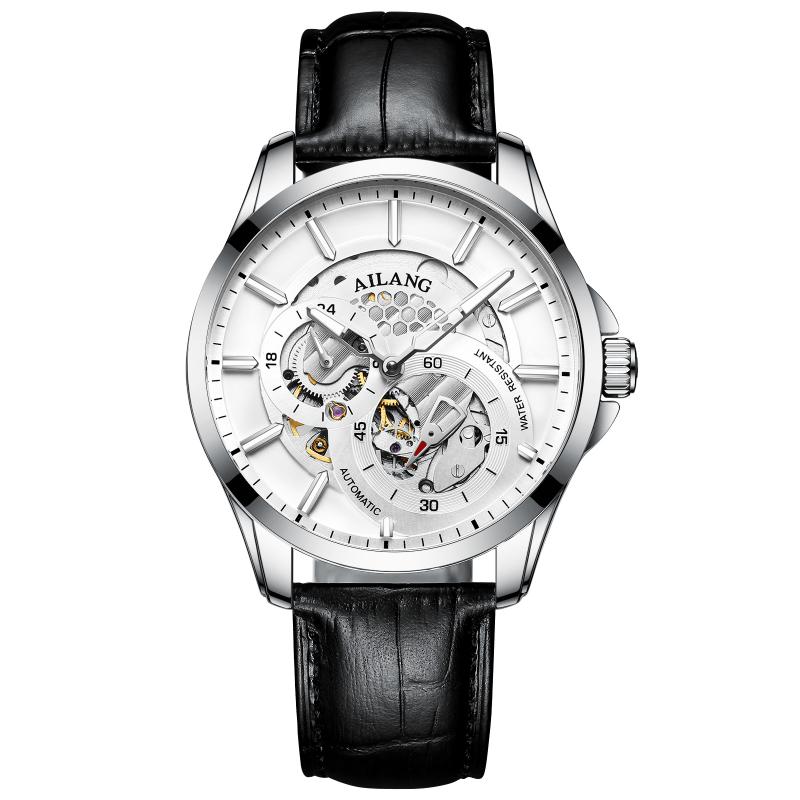 AILANG Men Automatic Mechanical Wristwatch Hollow Skeleton Dial Stainless Steel Band Business Sport Male Watch