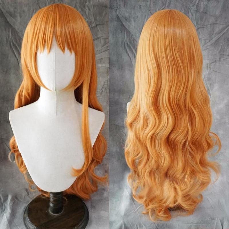 Professional Adult Nami Cosplay Wig 75cm Long Curly Wave Orange Heat Resistant Synthetic Hair Anime EVA Women Girl Wigs + Wig Cap