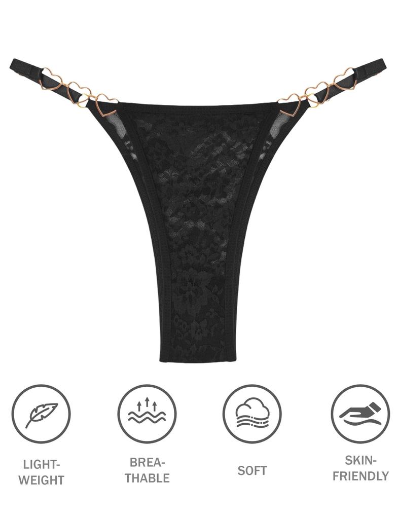 Panegy Bikini Full Sexy Heart Metallic Floral Size L Women's T-Back Panties, 3-Pack, Lace, Sheer, Lingerie, Butt-Lifting, Print, Comfortable,