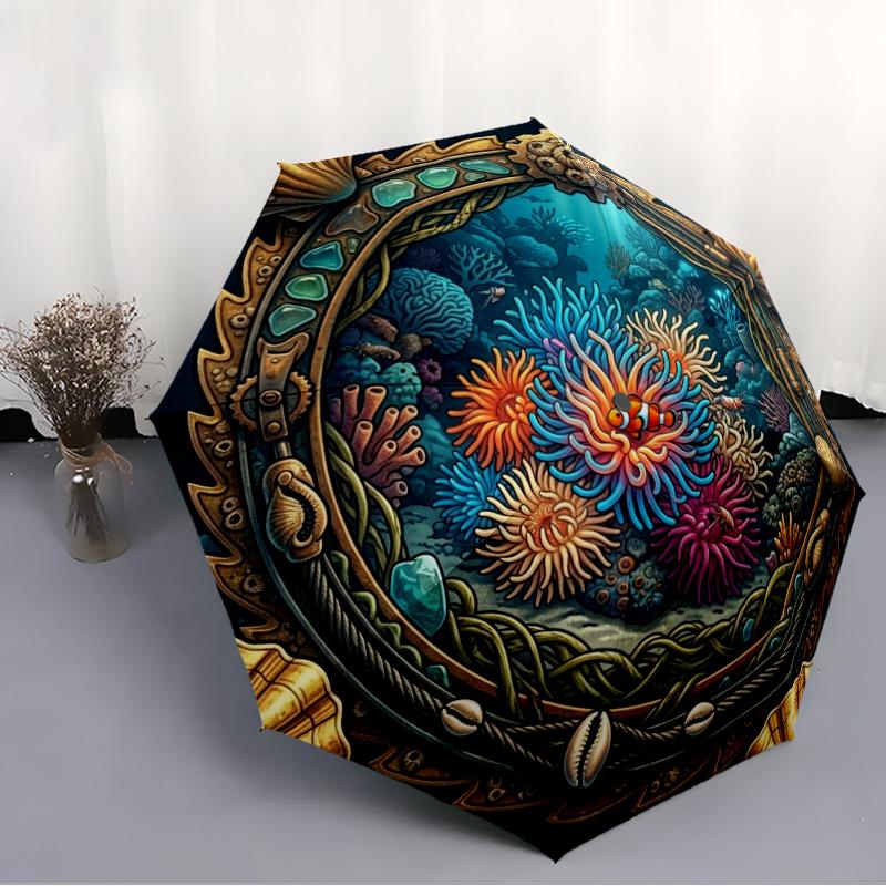 Underwater Coral Reef Scene pattern umbrella, portable and foldable design, 8 ribs, a casual accessory for Halloween, Christmas, and birthday gifts.