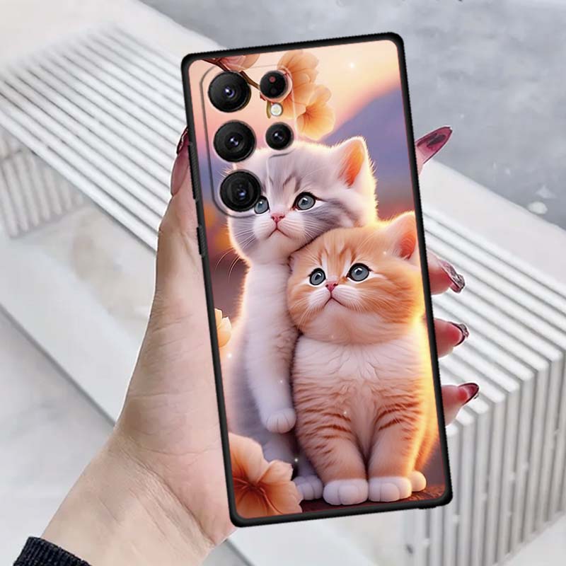 Милая мультяшная кошка Иллюстрация Чехол для телефона Для Samsung Galaxy S26 S25 S24 S23 S22 S21 S20 Ultra Plus FE 5G Черный Мягкий ТПУ