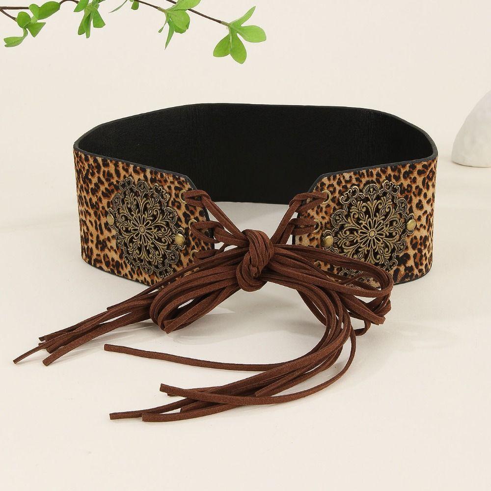 Leopard Print West Cowboy Waist Belt Trouser Decoration Pu Waistbands Splicing Rings Belt  Daily