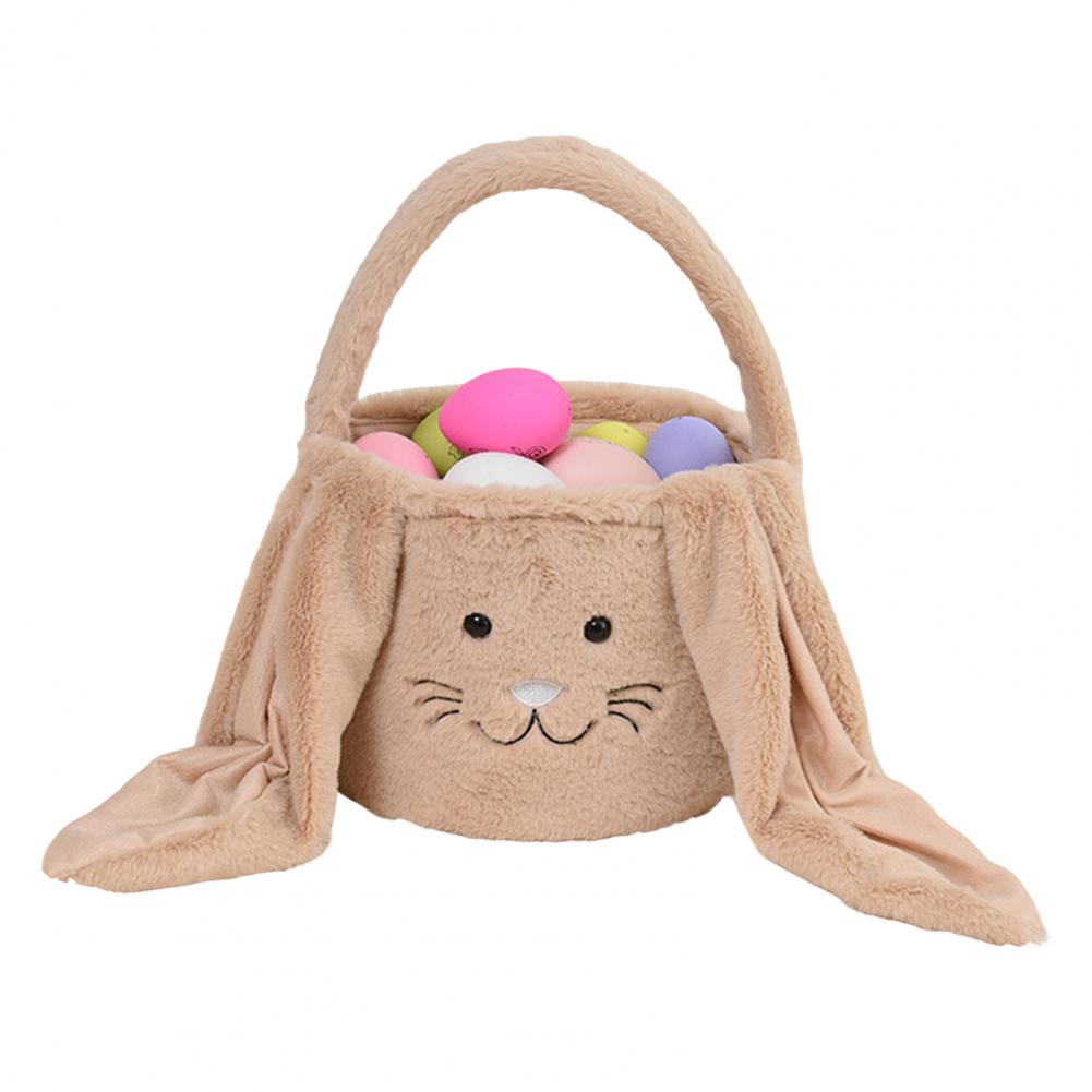 Easter Bunny Basket Seasonal Small Fur Elegant Bunny Display With Fluffy Ear Plush Bunny Face Easter Bucket Kids Gift Treat Bag