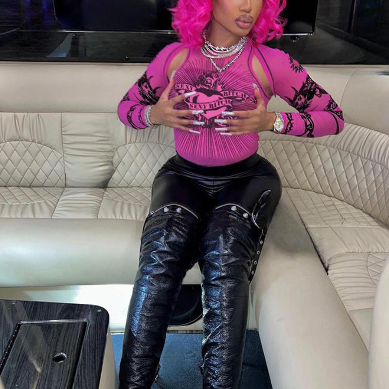 Европейский и американский хип-хоп напечатанный пикантный девчачий сексуальный базовый нерегулярный перспективный ажурный дизайн смысл женский комбинезон с длинными рукавами