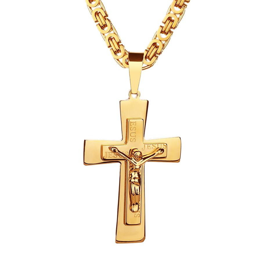 Men's Necklace Big Cross Pendant & Chain Mens Gold Color Stainless Steel Christian Necklaces Male Iced Out Bling Jewelry