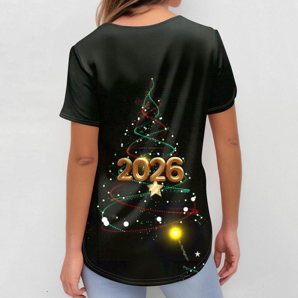 Women's Fashion Printed Short Sleeve V Neck Pattern Tops Pocket Working T-shirts