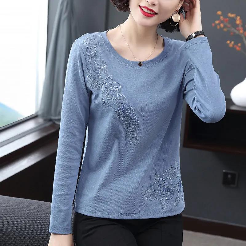 WTEMPO Женские рубашки из смешанного хлопка с круглым вырезом, весна-лето, вышитые, большого размера, однотонные, с длинным рукавом, свободного кроя, повседневные топы
