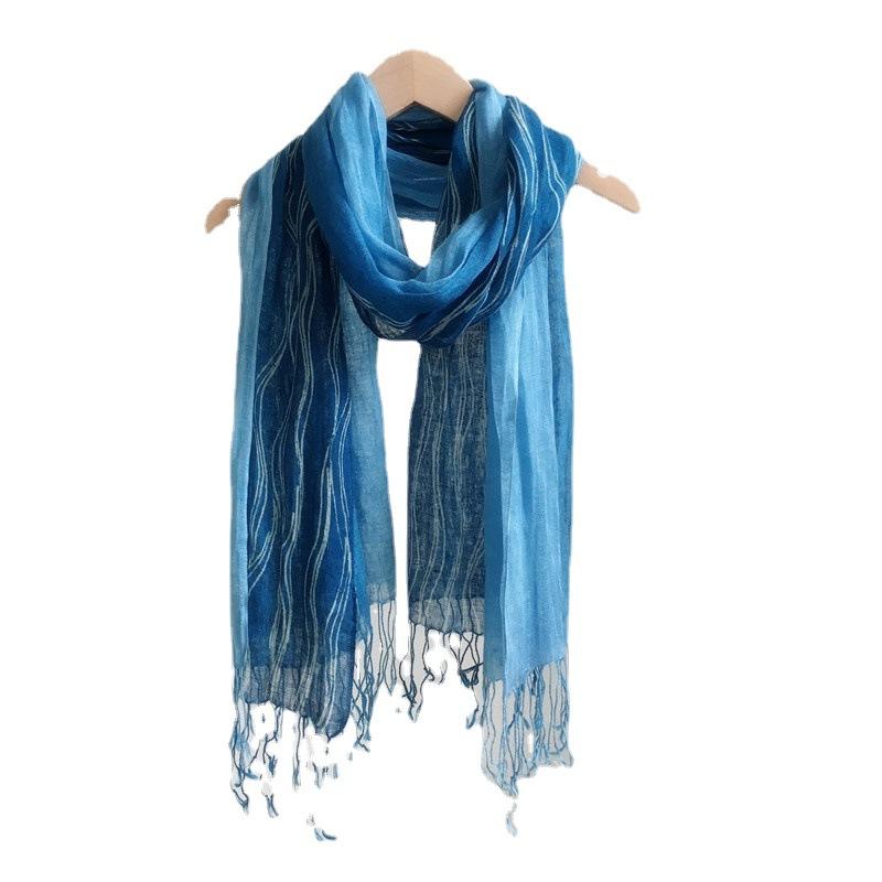Printing Gradual Change Color Linen Batik Scarf Blue Versatile Ethnic Style Retro Silk Scarf Thin Light Breathable Yarn