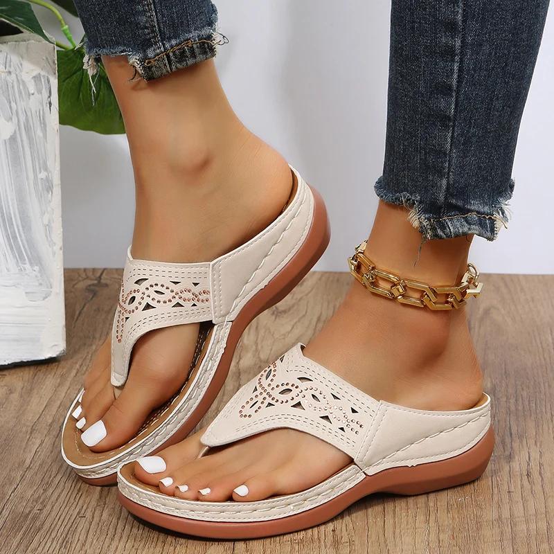 Women Platform Sandals Beach Casual Wedges Flip Flops Open Toe Big Toe Anti-slip Outdoor Shoes Slippers Hollowed Out Rhinestone