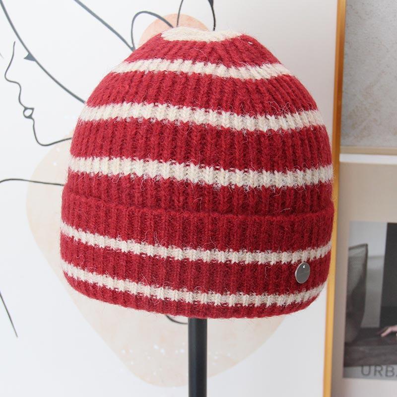Autumn and winter striped knitted hat women's warm wool hat retro flanged ear protectors stacked hat showing face small winter hat