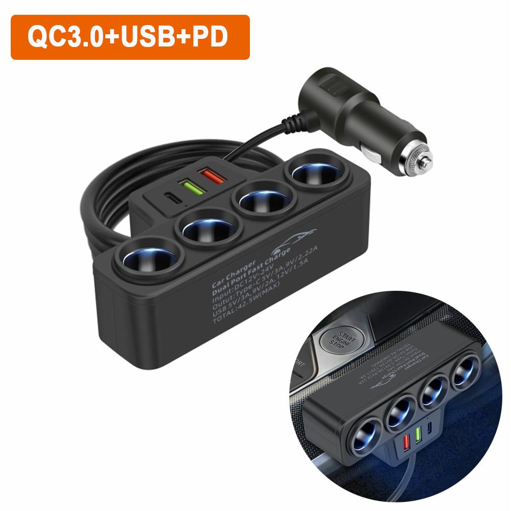 4 In 1 USB Charger 120W Car Cigarette Lighter Splitter 12V 24V Fast Charger Plug Phone Power Adapter USB+QC3.0+PD3.1A