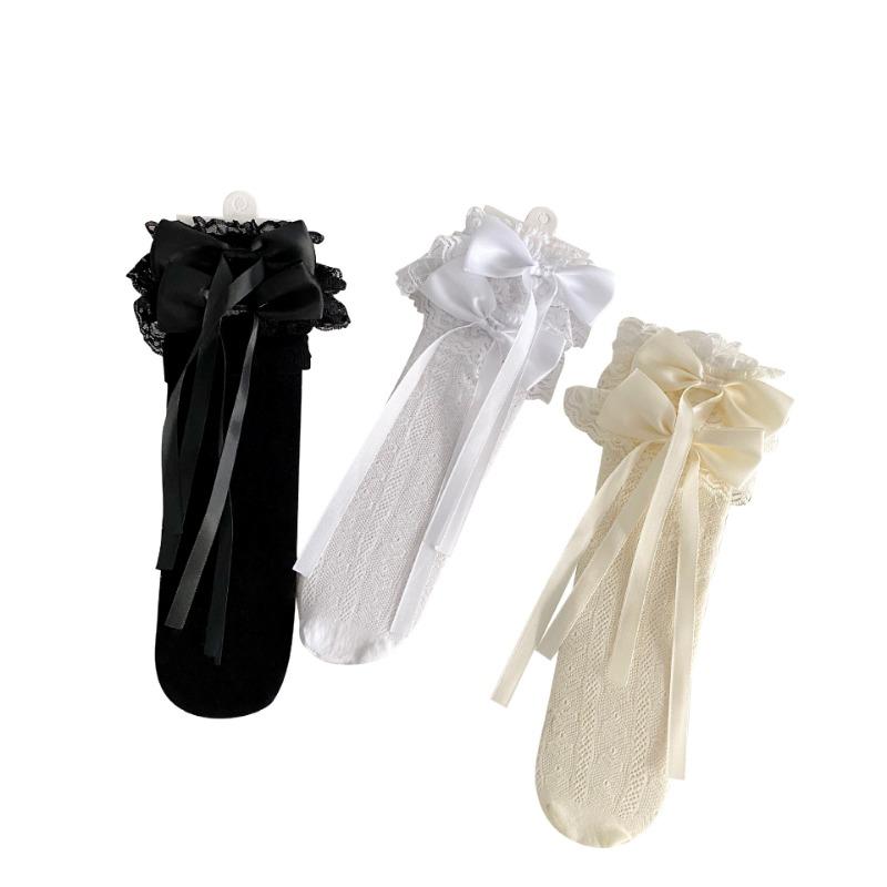 Белые гольфы из телячьей кожи с бантом на лето, тонкие, ажурные, длинные, с лентой и кружевом в стиле лолита до колена