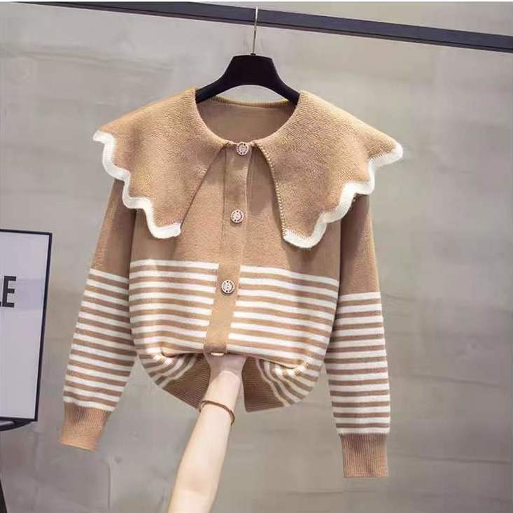 Женский вязаный кардиган с кукольным вырезом, весна-осень 2023, новая корейская версия, свободная верхняя одежда, топ, полосатый свитер, пальто-кардиган