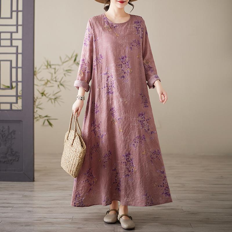 Весеннее литературное платье больших размеров с принтом, круглым вырезом и длинными рукавами для женщин