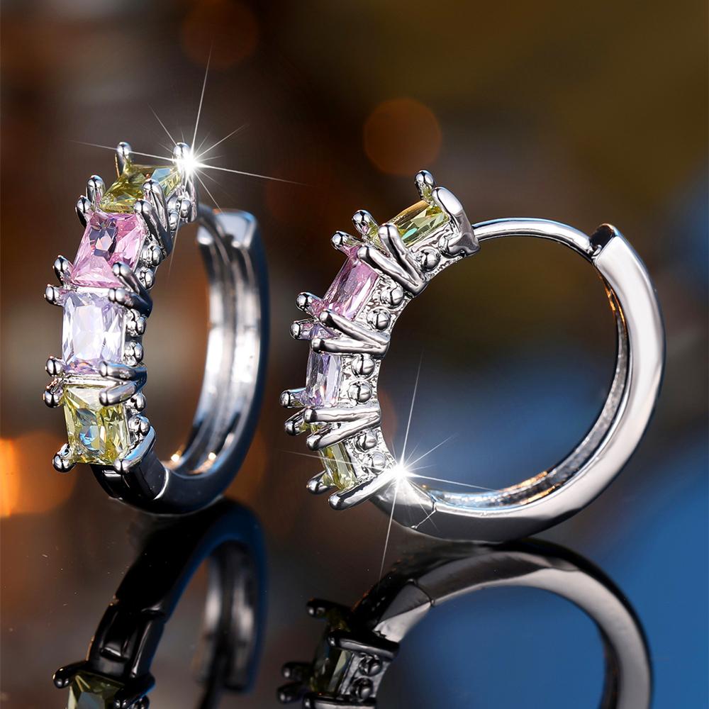 Charming Square Cut Blue Green Rainbow Zircon Hoop Earrings Trendy Ear Accessories Wedding Party Jewelry