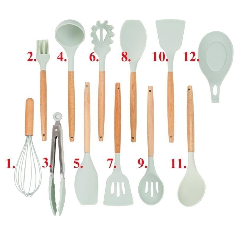 Wooden Handle Silicone Kitchenware Healthy Cookware Spatula Soup Spoon Brush Ladle Pasta Colander Non-stick Cookware Kitchen Tools
