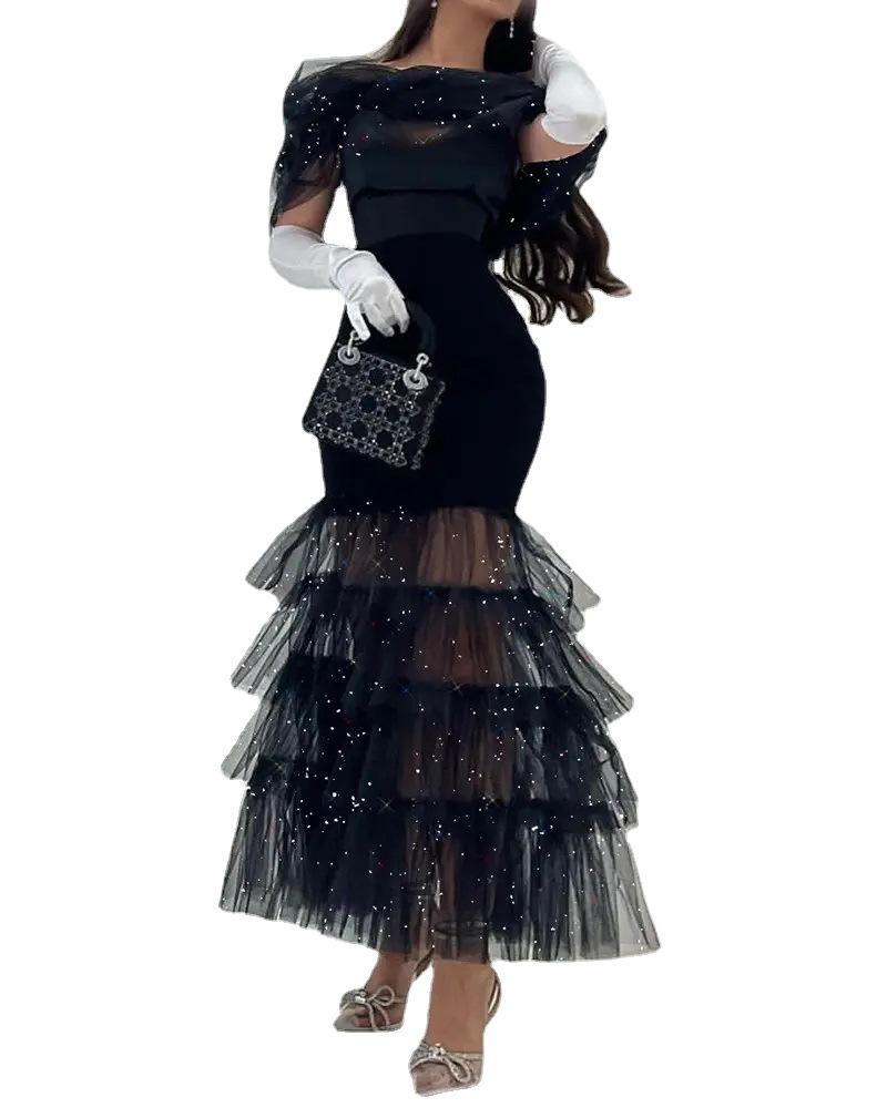 Платье-миди с черной сеткой и пайетками 2024 года