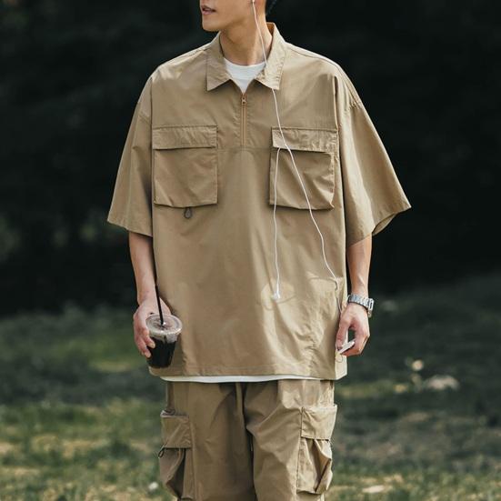 Summer Men Cargo Top Chest Pockets Solid Color Loose Zipper Plus Size Hip Hop Streetwear Plus Size Half Sleeves Half-open Turn-down Collar Mid