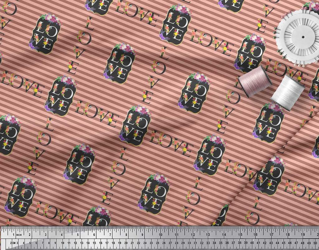 Soimoi Orange Japan Crepe Satin Fabric Stripe & Floral Alphabet Text Printed Craft Fabric by the metre 42 Inch