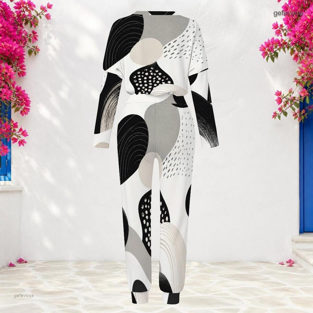 Women Plus Size Round Neck Long Sleeve Printed Black White Cuffed Top And Cuffed Pants Two Piece Set
