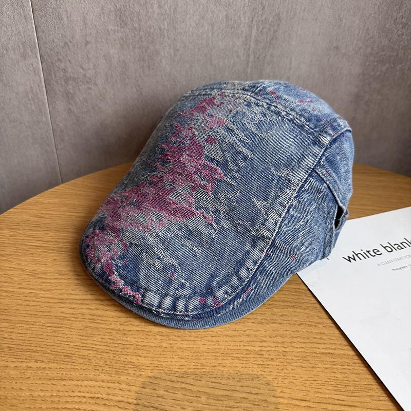 Denim Retro Washed Beret With Pattern Design For Womens Daily Casual Outing
