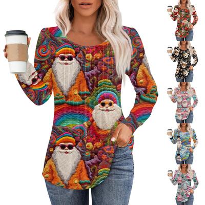 Женская повседневная футболка с круглым вырезом и длинными рукавами с рождественским принтом и складками