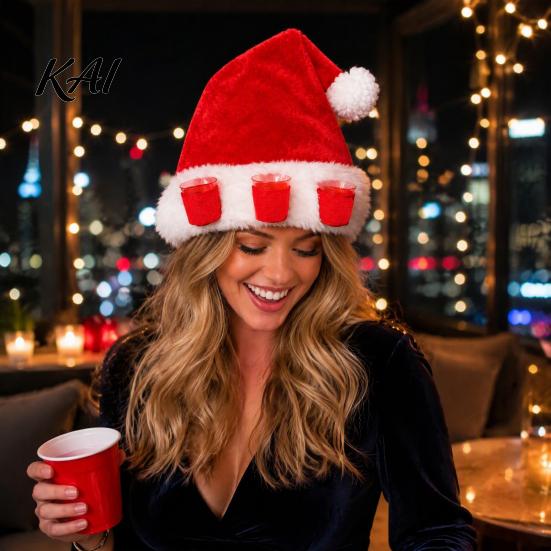 Beer Drinking Cap Plush Christmas Hat with Drink Holder, Adults Velvet Santa Claus Soft 3 Cups, Red Xmas for New Year Holiday Party Cups