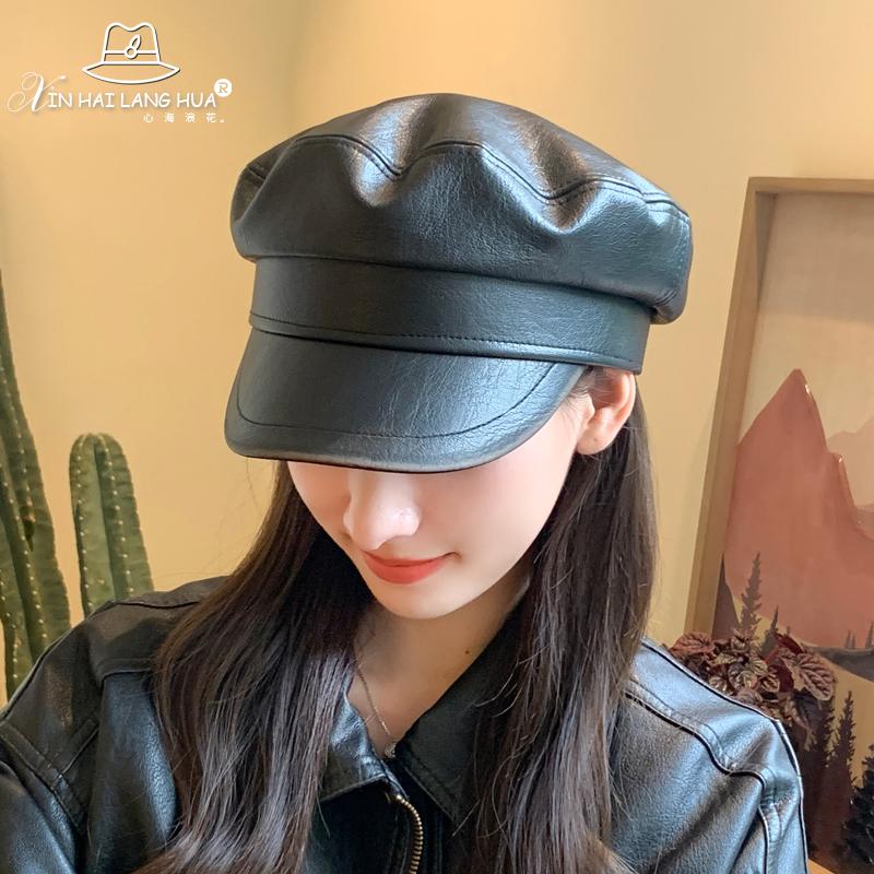 Показать маленькую темпераментную шапку из искусственной кожи, кепку для детей, осень и зима, новый ретро, литературный и универсальный, черный восьмиугольный берет
