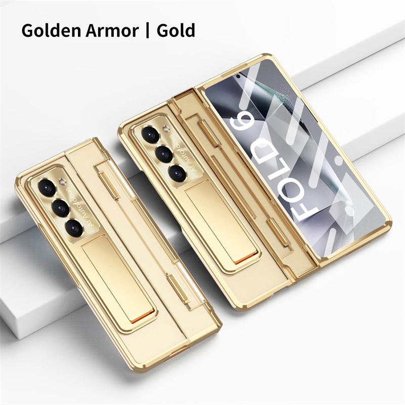 For Samsung Galaxy Z Fold 8 Ultra /7 6 5 4 3 Transparent Plating PC Hinge Protect Full Body Cover Stand Case With Tempered Glass