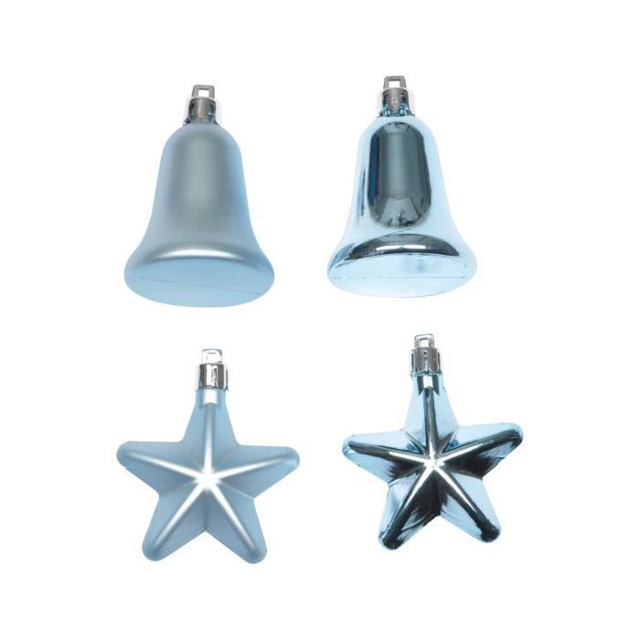 Décoration de fête - Set de 4 cloches et étoiles - Bleu - 5-6 cm - Noël