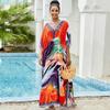 Colorful Bohemian Kaftan Dress for Women V Neck Bathing Cover Up Plus Size Batwing Sleeve Beachwear Long Vacation Robe Q841