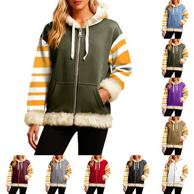 Женская Удобная Свободная Модная Повседневная Толстовка-Куртка с Длинным Рукавом, Карманами и Капюшоном с Полосатым Принтом