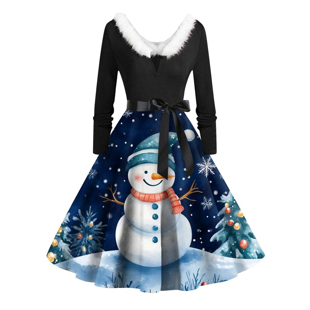 Women Vintage Long Sleeve Christmas Print 1950s Housewife Evening Party Prom Dress