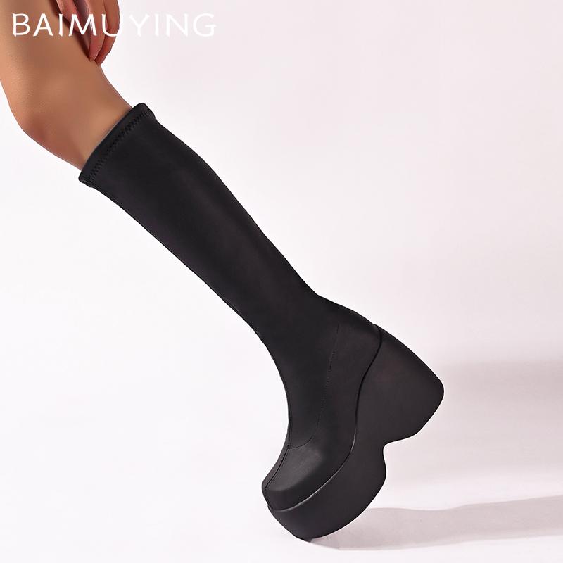 Женские высокие сапоги на платформе из кожи, модные туфли на очень высоком каблуке, трендовые туфли до колена, зимние мотоциклетные готические ботинки для женщин