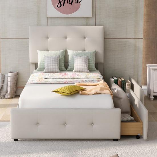Children Bed 99x210cm Velvet Fabric Kids with Adjustable Headboard 2 Drawers Single Ergonomic Design Strong Wood Slat Support Home Furniture