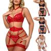 1 Set Sexy Bra Panties Garter Set Hollow Out See-through Lace Multi Strap High Waist Chain Decor Fishnet Elastic Thin Halter Neck Honeymoon