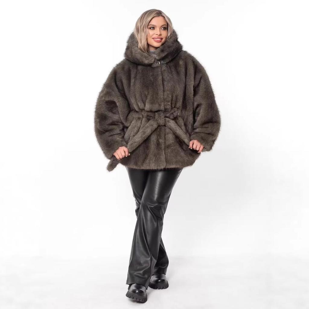 Европейский и американский новый imitation fur, imitation mink velvet, среднее и длинное пальто, с капюшоном, на поясе