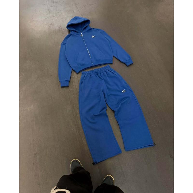 Женский oversized худи на молнии с брюками-джоггерами Комплект Серо-синий Уличный стиль Повседневный Длинный рукав Зимний наряд