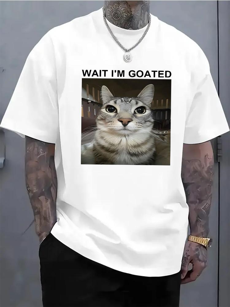 Unisex Funny Wait I Am Goated Cat Graphic Crew Neck Short Sleeve Oversized Loose Casual Summer Streetwear Daily Basic Cotton Tee