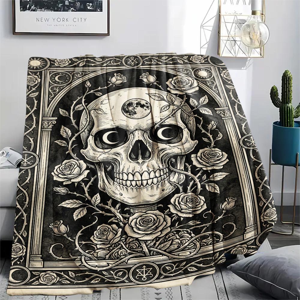 Skull Gothic Print Flannel Blanket, High quality Comfortable for All Seasons, Home Decor, Warmth and Comfort, Perfect for Christmas Gifts102