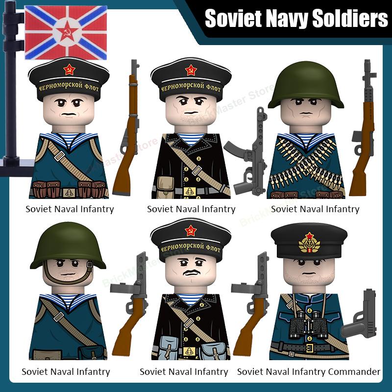 Вторая Мировая Война Военные Советская Морская Пехота Армия Фигурки Солдат Строительные Блоки Командир Морской Пехоты Шляпа Флаг Пистолет Аксессуары Кирпичики Игрушка Подарок