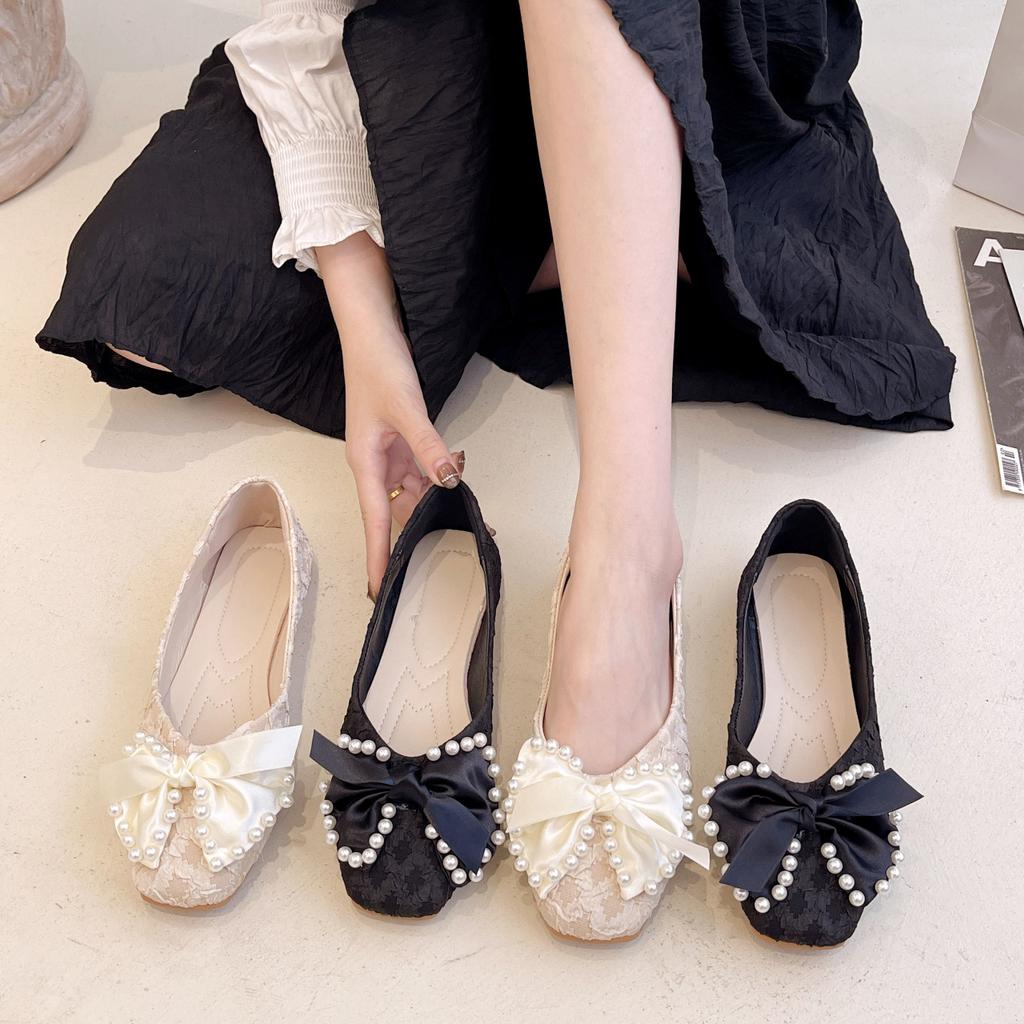 Single Shoes Women's Summer 2025 New Fashionable Versatile Retro Bow Pearl Shallow Mouth Square Head Non-slip Doudou Shoes