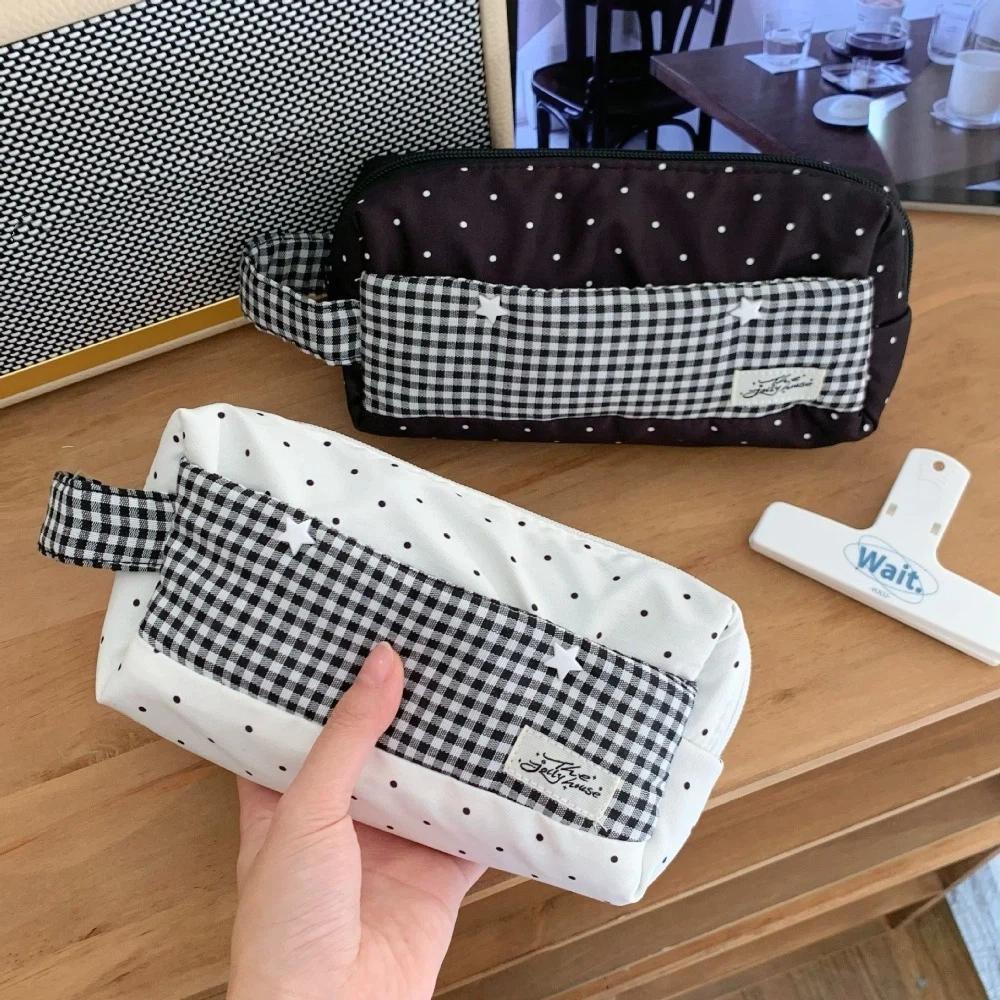 Polka Dot Star Plaid Cloth Pencil Case Large Capacity Pen Storage Bag Handheld Pencil Bag  Student