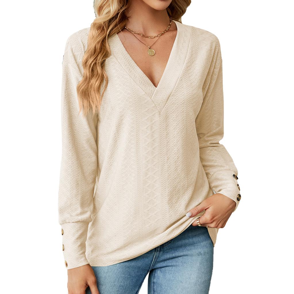 2024 Европейская и Американская осень/зима Новая однотонная свободная футболка с V-образным вырезом и пуговицами для женщин